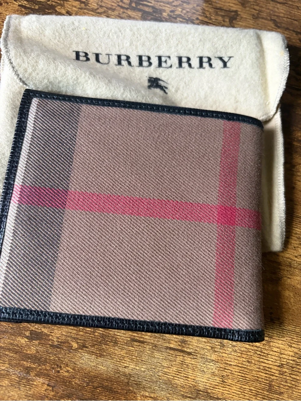 Burberry Check Bifold Wallet in Brown, Black and Red Accent